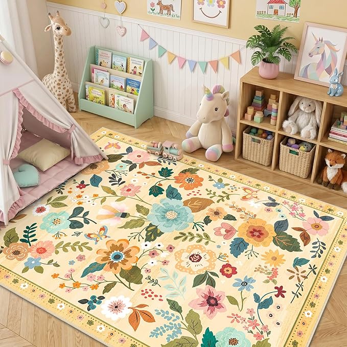 RELEANY Floral Washable 9x12 Area Rugs Ivory/Yellow | Flower Carpet Print Boho - Image 8