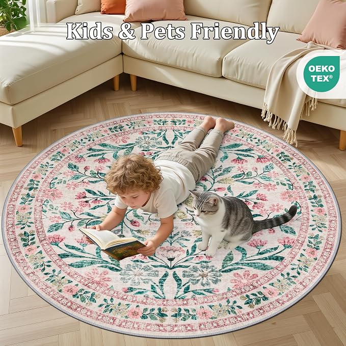 PLHXFR Round Area Rug Living Room: 4 ft Floral Washable Carpet Pink Green | - Image 8