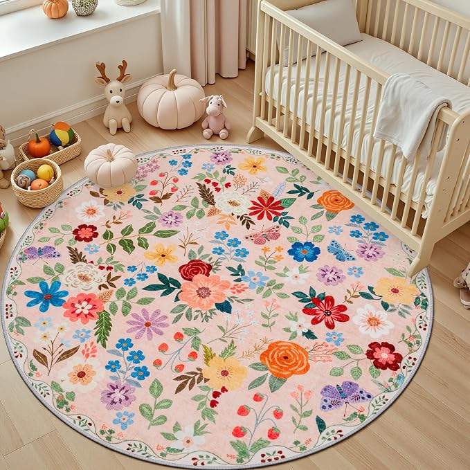 PLHXFR Round Area Rug Living Room: 4 ft Floral Washable Soft Carpet Beige | - Image 5