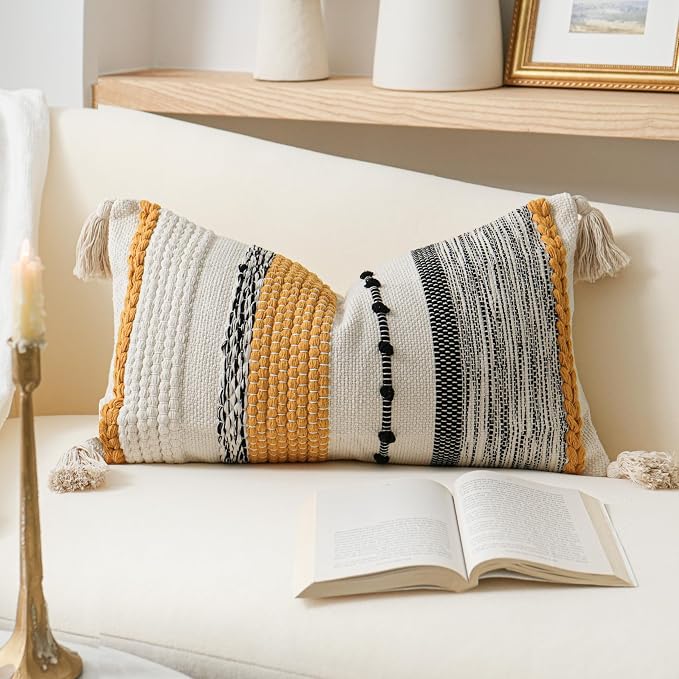 Decorative Lumbar Throw Pillow Cover 14x24 Boho Yellow Mustard Accent Cushion by BlissBlush
