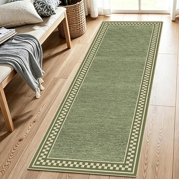 Faux Linen Washable Runner Rug Absorbent Surface 2x6 Moss Green | Non-Slip TPR by WIEVEDENS