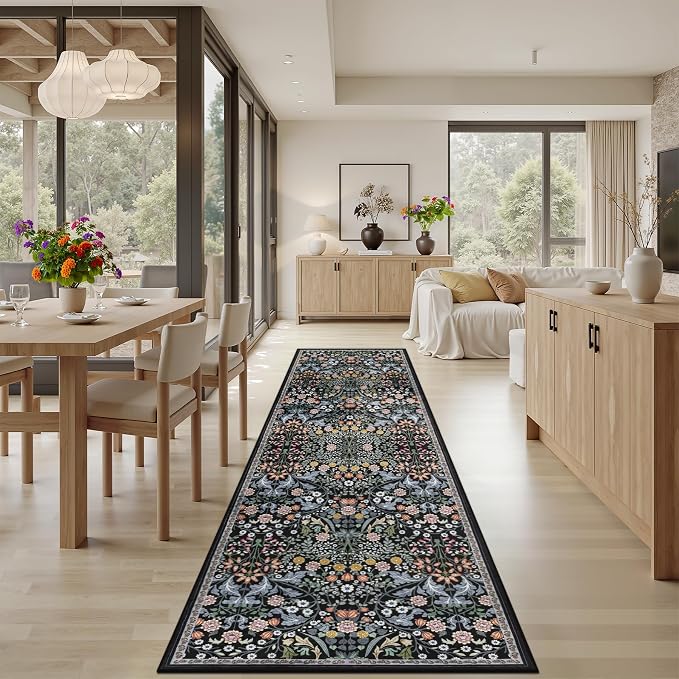 PLHXFR 2.6x10 Washable Runner Rug：Floral Indoor Kitchen Carpet Dark Black | - Image 4