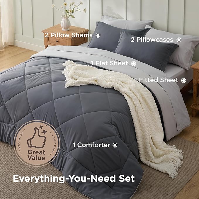 Bedsure Full Size Comforter Set - 7 Pieces Reversible Dark Grey Bedding, Full Size Bed Set for All Seasons, Bed in a Bag with Down Alternative Comforter, Sheets, Pillowcases & Shams