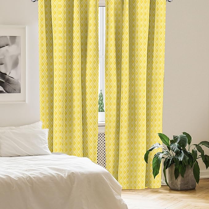 Ambesonne Yellow Window Curtains, Moroccan Trellis Pattern in Yellow Tones Vintage Eastern Pattern, Lightweight Decor 2-Panel Set with Rod Pocket, Pair of - 28" x 63", Mustard Yellow