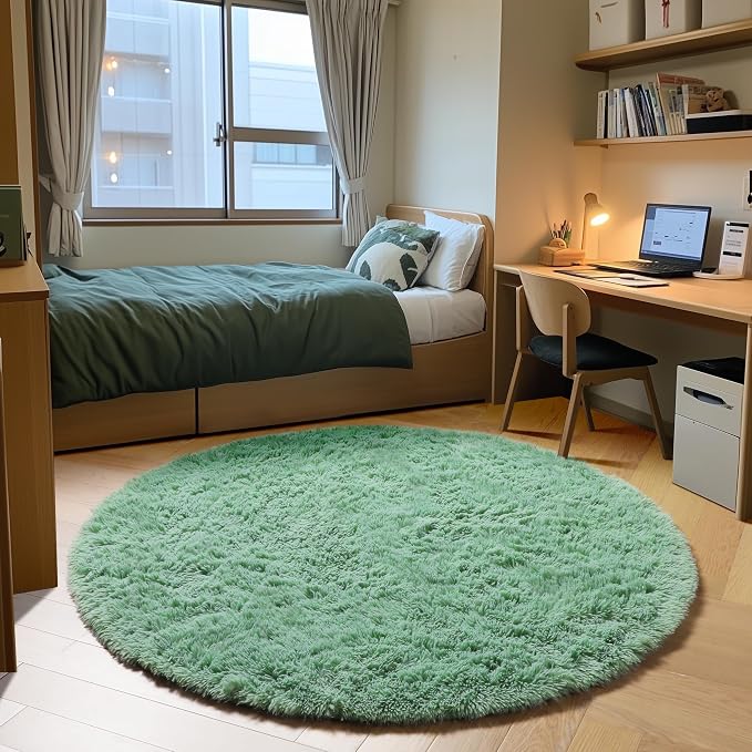 Sage Green Round Area Rugs 5ft, Fluffy Soft Bedroom Circle Rug by ONASAR
