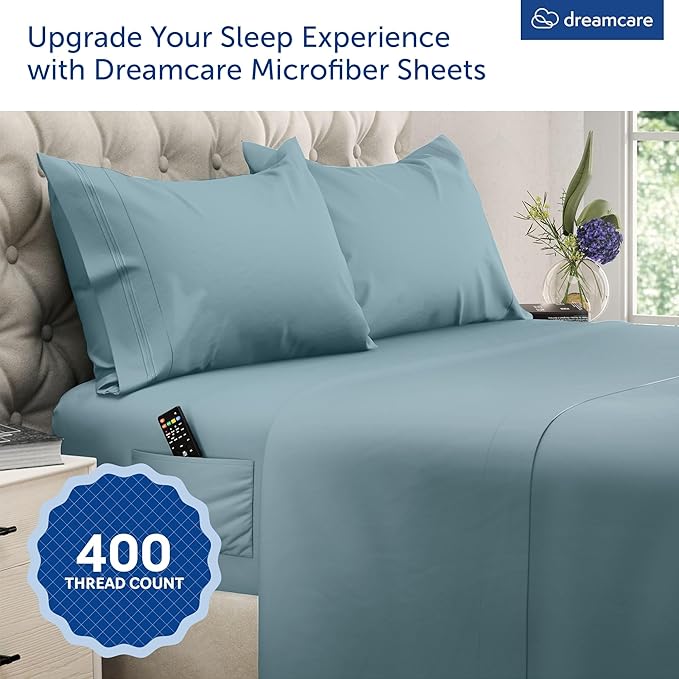 DREAMCARE King Size Sheets Set – 4 pcs Cooling Sheets – up to 21” Deep Pocket King Sheet Set – Hotel Luxury Sheets & Pillowcases – Superior Softness 100% Microfiber with Side Pocket - Mineral Blue