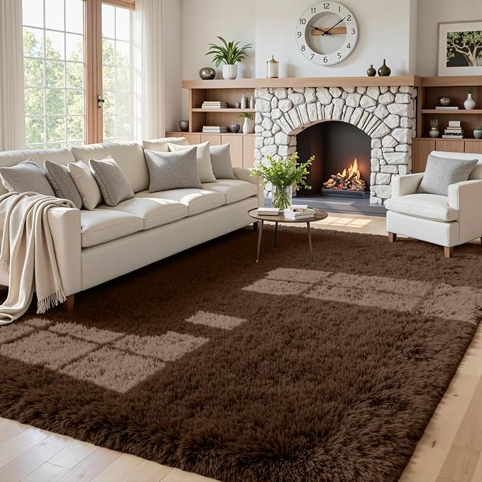 5x7 Fluffy Shag Area Rugs for Living Room Bedroom: Soft Plush Carpet Brown | by CarpetAddColortoYourLife