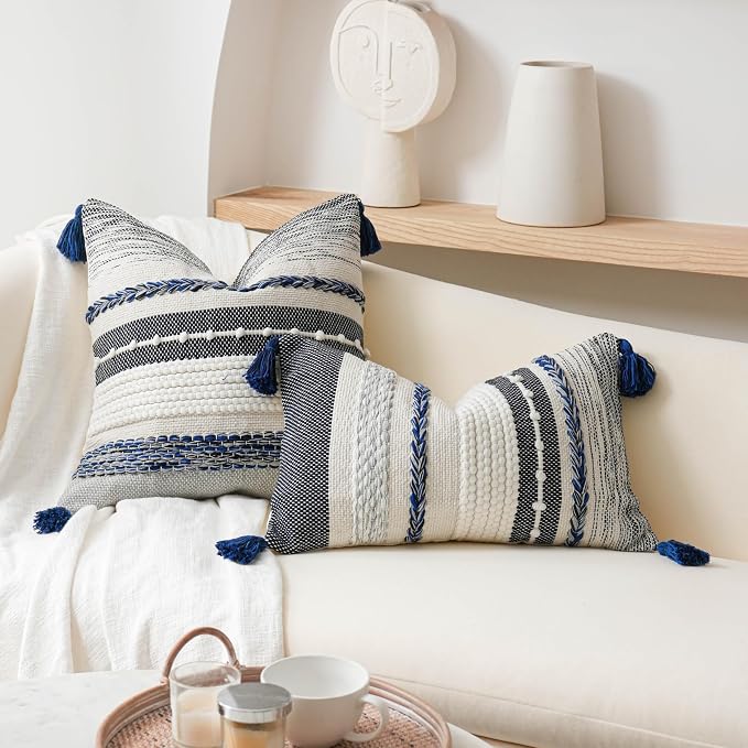 Decorative Lumbar Throw Pillow Cover 14x24 Boho Dark Blue Accent Cushion - Image 4