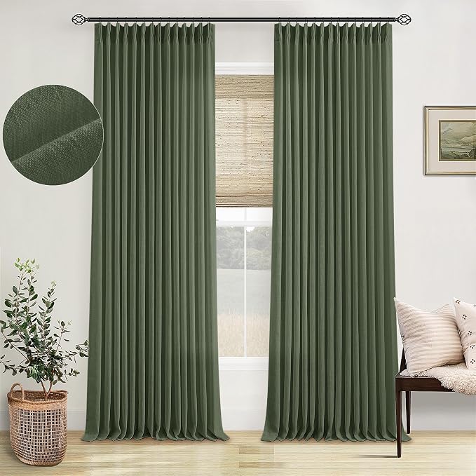 Farmhouse Linen Blend Pleated Olive Green Curtains 102 Inches Long 2 Panels | by Twodrapes