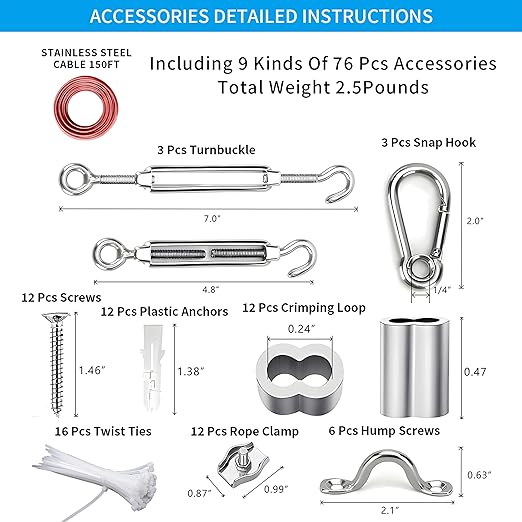 Globe String Light Suspension Kit, Outdoor Light Guide Wire, Vinyl Coated Stainless Steel Steel Cable，Include 150ft Transparent PVC and 304 Stainless Steel Wire Cable, Turnbuckle and Hooks