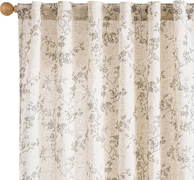 Extra Long Grey Vintage Floral Linen Curtains Farmhouse 2 Panels | Elisa Series by Lazzzy
