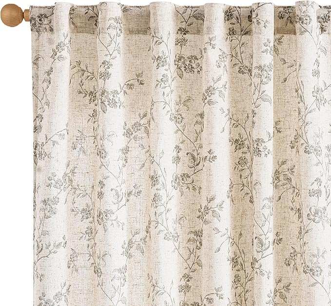 Grey Vintage Floral Linen Curtains Farmhouse 50W X 84L 2 Panels | Elisa Series by Lazzzy