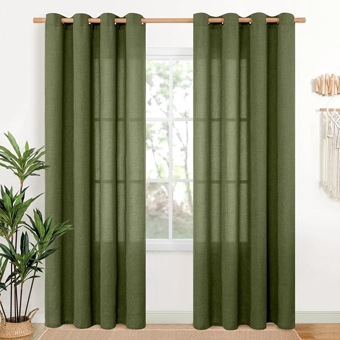 YoungsTex Olive Green Linen Semi Sheer Curtains 80 Inch Length 2 Panels | Light by YoungsTex