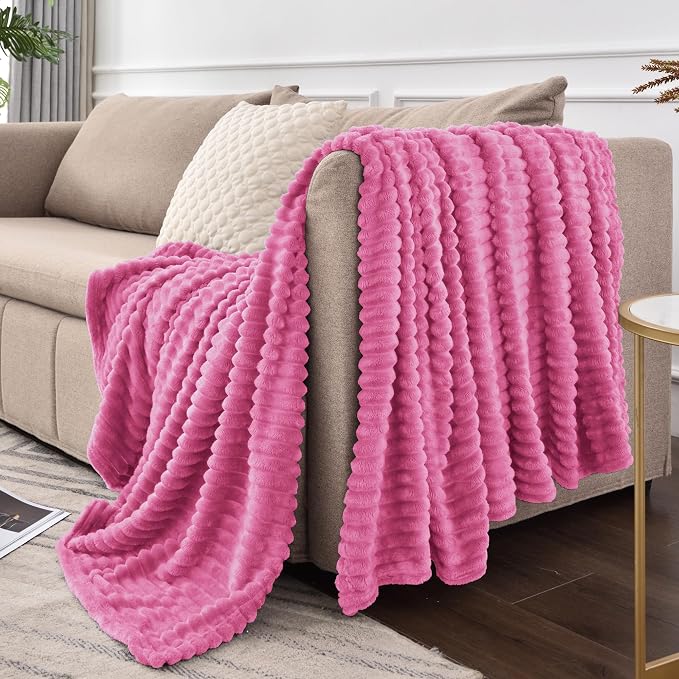 BEDELITE 3D Ribbed Hot Pink Fleece Throw Blanket - Image 9