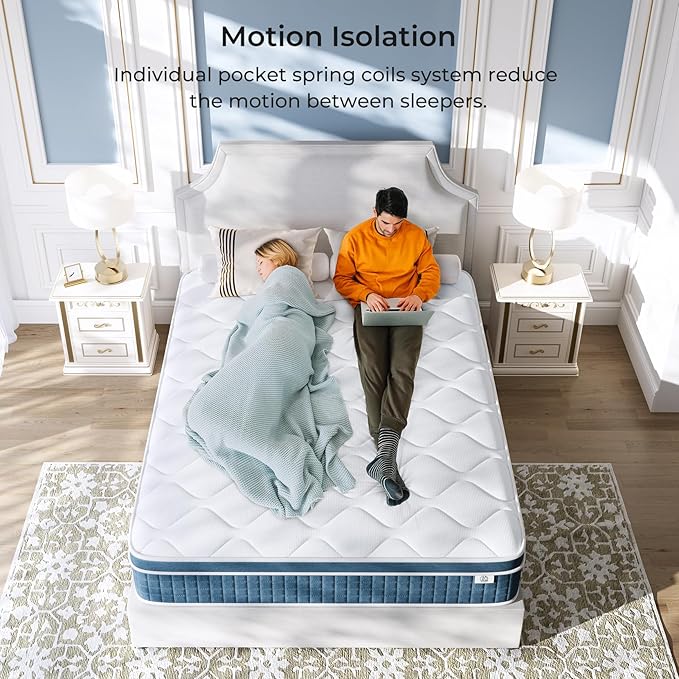 koorlian Queen Mattress 10 Inch, Hybrid Queen Bed Mattress with Individual Pocket Springs and Pressure-Relieving Memory Foam, Breathable, Medium Firm Mattress in a Box Queen Size 80"x60"x10"
