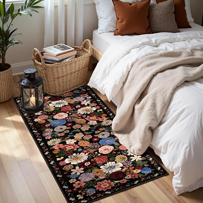 Black Brown Floral Hallway Runner Rug 2x4 by WelcometoBabovid
