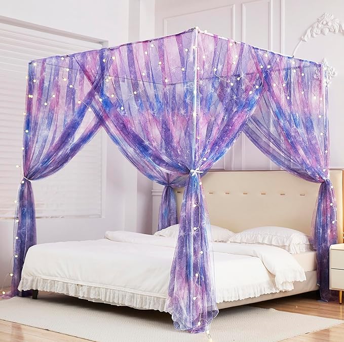 Mengersi Tie Dye Canopy Bed Curtains with Lights,Gradient Ombre Bed Canopy for Girls,Princess Bed Drapes for Girls Room Decor(Queen,Purple)