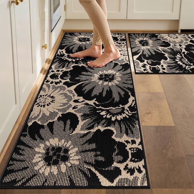 Findosom Washable Kitchen Rug Set of 2, Non Slip High-Low Textured Floral - Image 2
