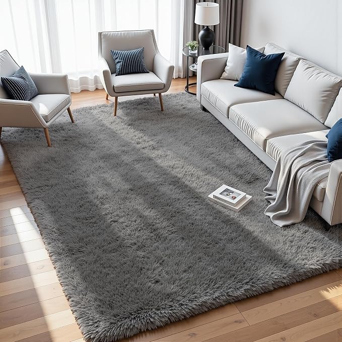 6x9 Fluffy Shag Area Rugs for Living Room Bedroom: Soft Carpet Light Gray | by CarpetAddColortoYourLife