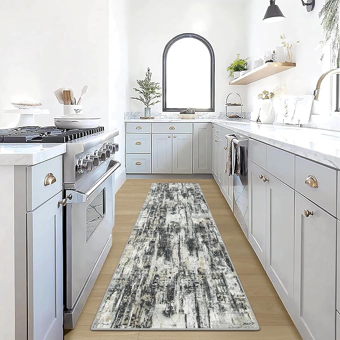 2'6''x8' Runner Rugs Washable Rug: Modern AbstractBlack Grey Gold Carpet | by GENTDRIZZ