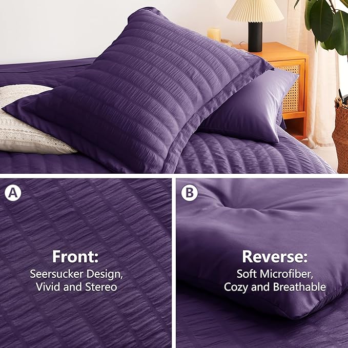 CozyLux King Size Comforter Set Purple Seersucker 7 Pieces Bed in a Bag King Comforter Set with Sheets, Luxury Soft Bedding Set with Down Alternative Comforter, Sheets, Pillowcases & Shams All Seasons
