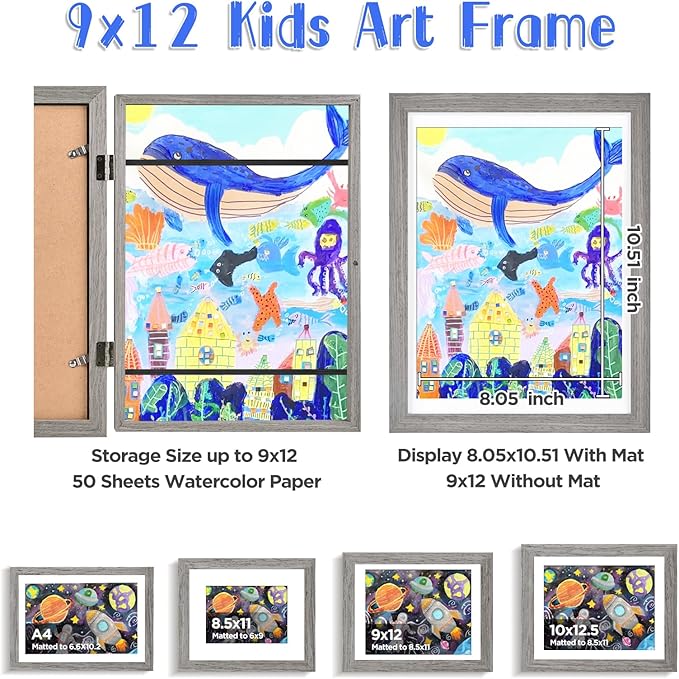 KINLINK 9x12 Kids Art Frames Set of 2, Solid Wood Kids Artwork Frames Changeable with Acrylic Front Opening Holds 150 Pictures, Art Frame for Kids Artwork with Mat or without Mat, Grey
