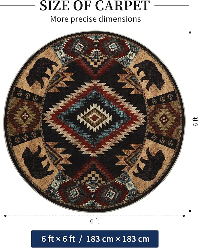 Southwestern Round Rug 6ft, Low Pile Soft Circle Area Rug - Image 2