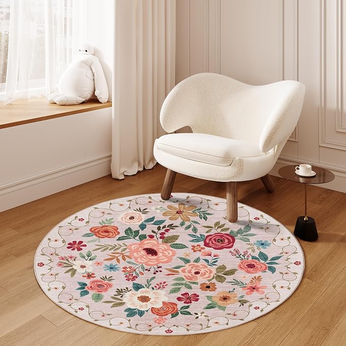 DUKINO 4ft Round Rug, Floral Washable Small Round Area Rug Non Slip, Low Pile - Image 8