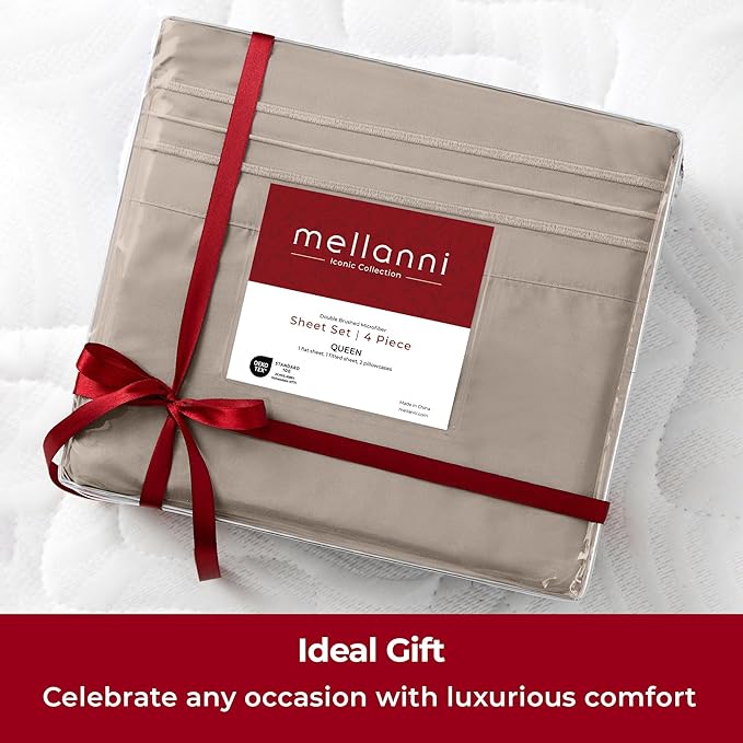 Mellanni Extra Deep Twin XL Sheets - 3 PC Iconic Collection Bedding - Hotel Luxury, Ultra Soft, Cooling Bed Sheets - Wrinkle, Fade, Stain Resistant (Twin Extra Long, Tan)