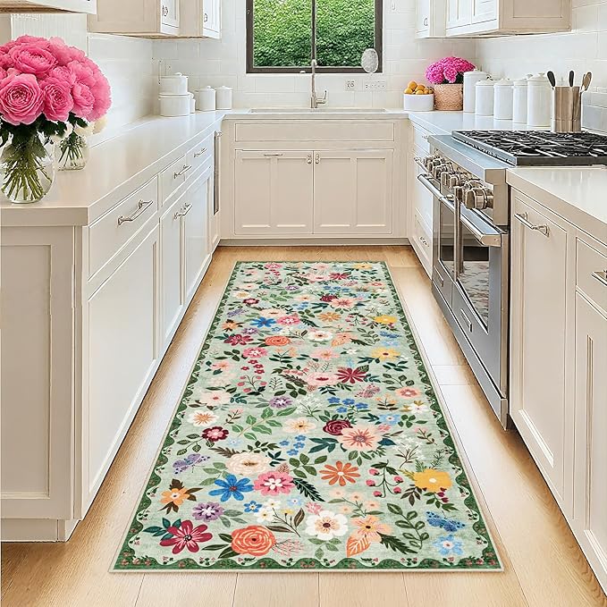 PLHXFR 2.6x8 Washable Runner Rug：Floral Indoor Kitchen Soft Carpet Green | by PLHXFRSoftAreaRugs