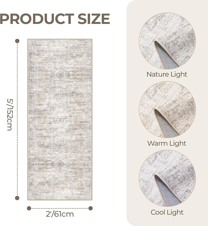 2x5 Rug Runners for Hallways Non Slip, Kitchen Rugs, Taupe | Washable Rugs for - Image 2