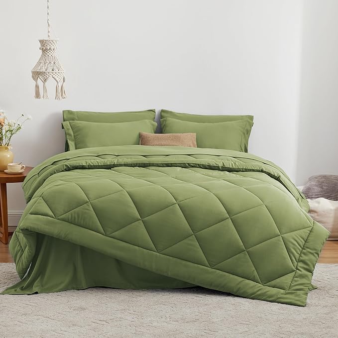 Love's cabin California King Comforter Set Olive Green, 7 Pieces California King Bed in a Bag, All Season Bedding Sets with 1 Comforter, 1 Flat Sheet, 1 Fitted Sheet, 2 Pillowcase and 2 Pillow Sham