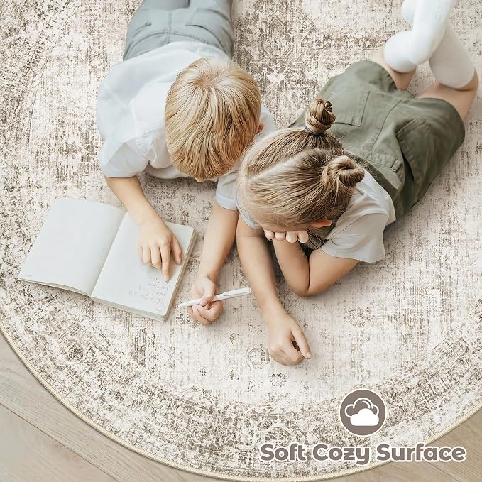 Round Rugs 6ft Washable Rug, Vintage Boho Medallion Rugs Non-Slip Soft Low Pile - Image 5