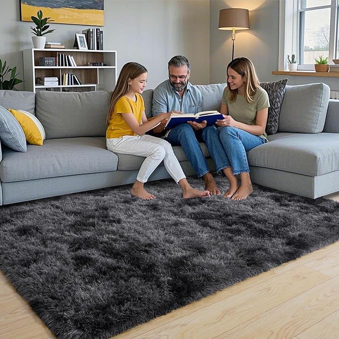 Pionblank Fluffy Area Rug for Bedroom 4x6, Indoor Plush Carpet, Dark Grey | by PIONBLANK