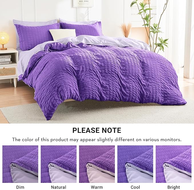 HYMOKEGE Dark Purple/Lavender Queen Comforter Set Seersucker 7 Pieces, All Season Luxury Bed in a Bag Queen for Bedroom, Bedding Set with Comforter, Sheets, Pillowcases & Shams