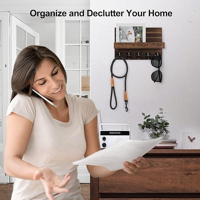 Key Holder for Wall, Decorative Key and Mail Holder with Shelf Has Large Key Hooks for Bags, Coats – Paulownia Wood Key Hanger with Mounting Hardware (9.8”W x 6.7”H x 4.2”D) (Brown)