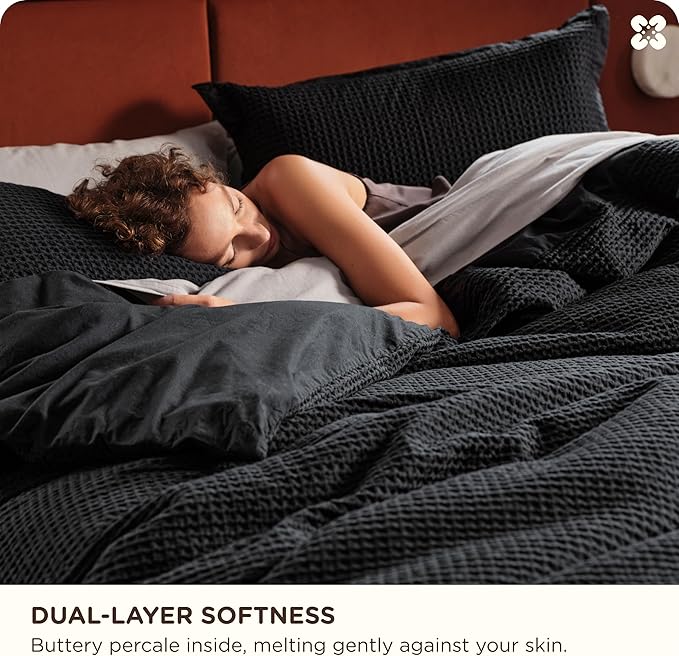 Bedsure Cotton Duvet Cover Set - 100% Cotton Waffle Weave Black Duvet Cover Oversized King Size, GentleSoft™ and Breathable Bedding Set for All Season, 3 Pieces, 120"x98"