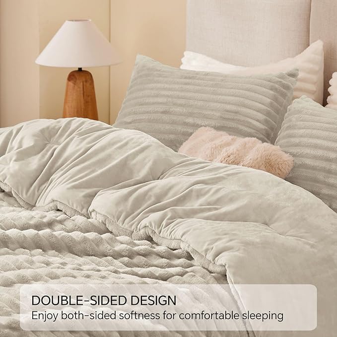BEDELITE Fleece Queen Comforter Set -Super Soft & Warm Fluffy Linen Bedding, Luxury Fuzzy Heavy Bed Set for Winter with 2 Pillow Cases