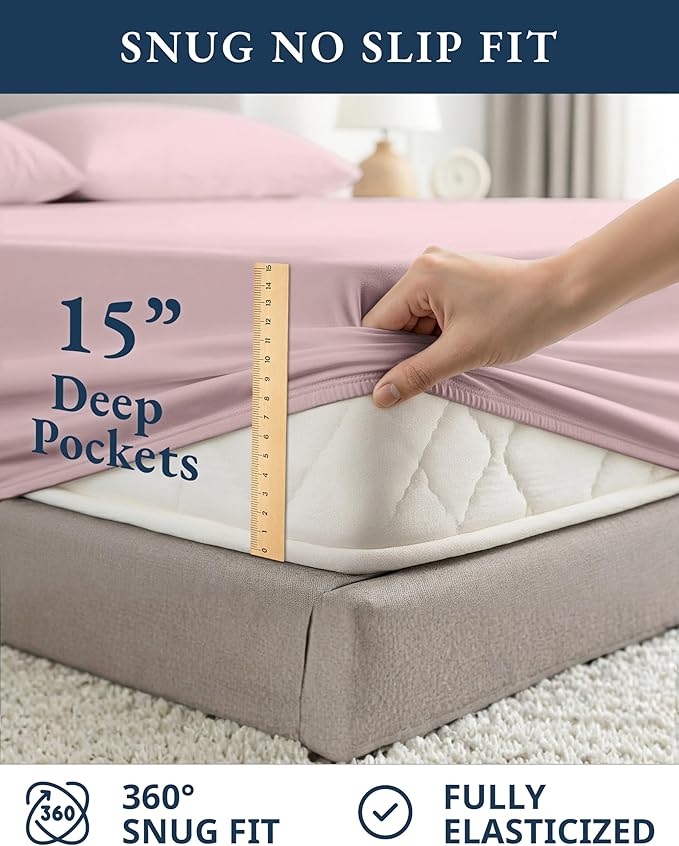 LANE LINEN RV Queen Sheets Set - 100% Organic Cotton Camper Sheet Sets 15" Deep Pocket Fitted (Short Sepia Rose)