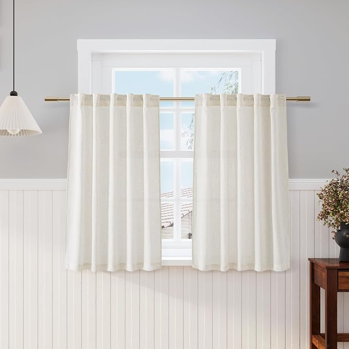 Cream Linen Textured Curtains 45 Inch Length Light Filtering Semi Sheer Short by Nanspring