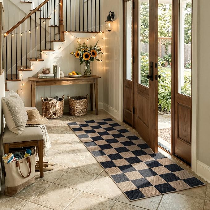 Lahome Checkered Easy Jute Outdoor Runner Rug, 2x6 Kitchen Rugs Washable | - Image 2