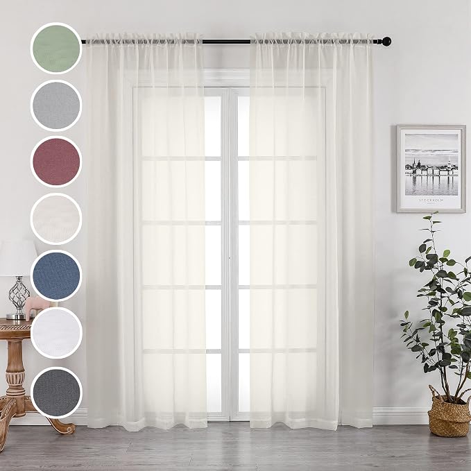 Sheer Curtains 84 inch Length, Ivory Sheer Cutains 2 Panels Set - Image 2