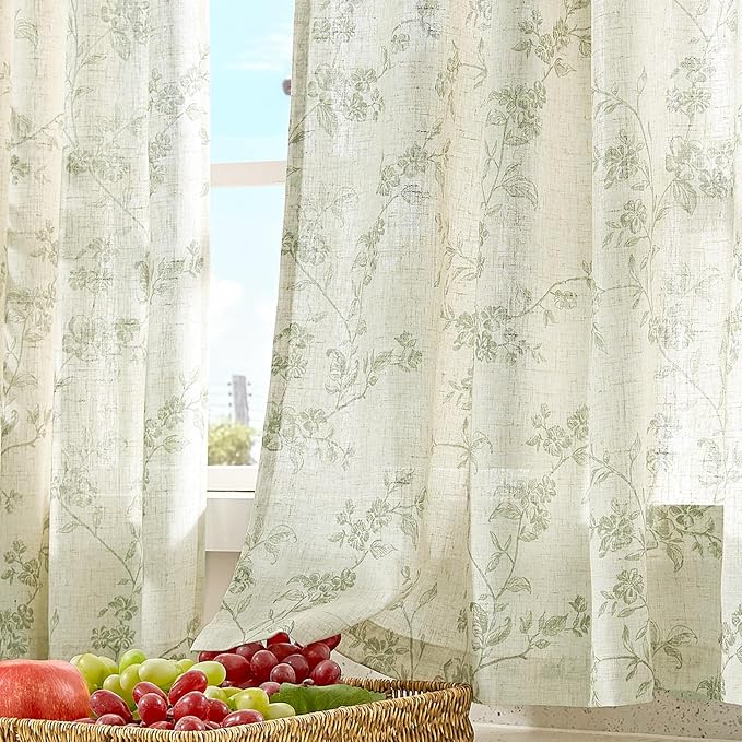 Green on Beige Linen Kitchen Curtains Rod Pocket 26W X 36L 2 Panels | Elisa - Image 8
