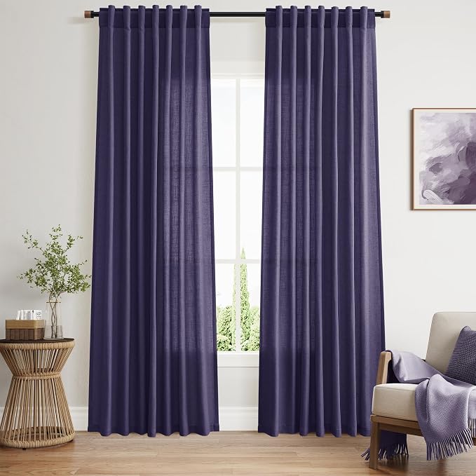 Purple Linen Curtains 84 Inches Long, Back Tab Light Filtering Semi Sheer by Nanspring