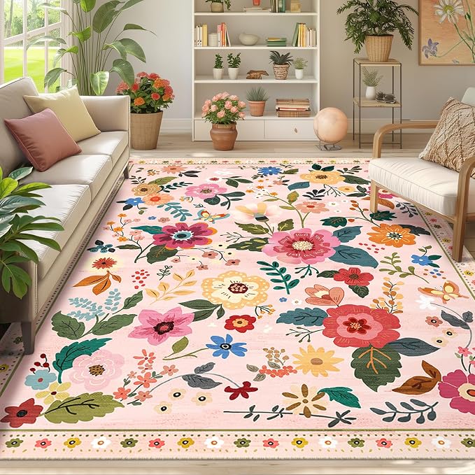 RELEANY Floral Washable 7x9 Area Rugs Pink | Flower Carpet Print Boho Cute Non - Image 8