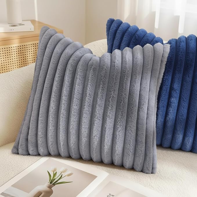 decorUhome Fall Faux Fur Throw Pillow Covers 26x26 Set of 2 Grey | Decorative - Image 4