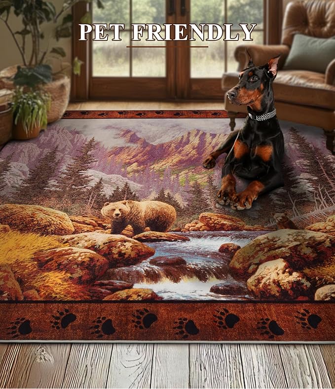 Rustic Cabin Area Rug for Bedroom 6x9, Machine Washable Woodland Bear Rug - Image 5
