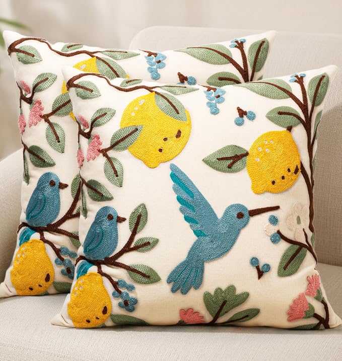 Embroidered Throw Pillow Covers 18x18 Inch, Bird Lemon | Decorative Pillow by Kokaaee