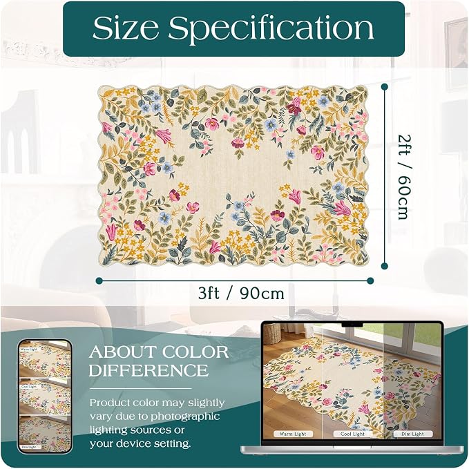 Front Door Mat Outside Entrance 2x3 Beige Colorful Floral Entry Rug | Non-Slip - Image 2