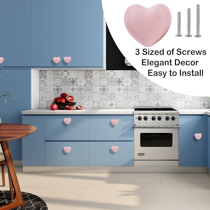 Ceramic Drawer Knobs Heart Shape Cabinet Dresser Pulls Handles with 3 Sized Screws, Kitchen Furniture Knobs for Closet Cupboard Wardrobe (10 Pack, Pink)
